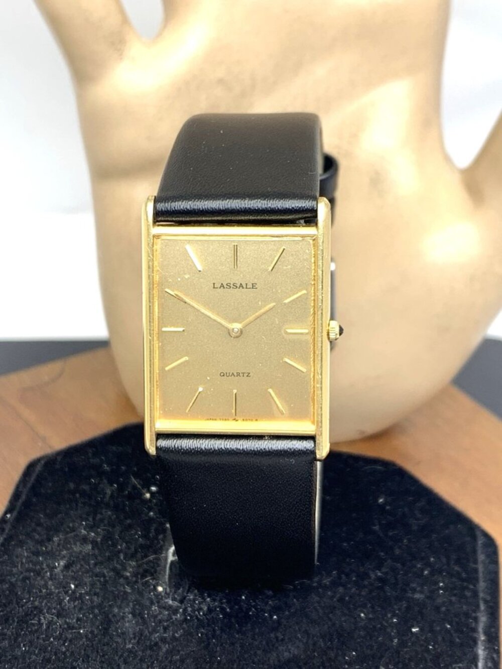 Lassale By Seiko Watch 7730-5059 Quartz Tank Gold Dial Black Leather Strap 23mm